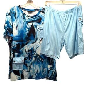NEW Women's Plus 2 Piece Blue Marble Shorts/Lounge Set Size 4XL